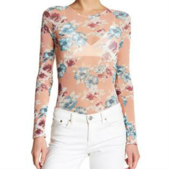 Lush Tops - Lush Floral Printed Mesh Bodysuit Blouse Leotard